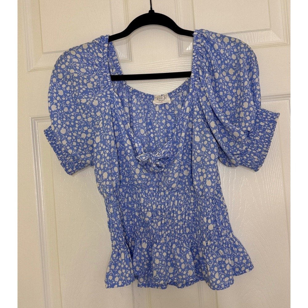 Sienna Sky Floral Puff Sleeve Blouse Womens Large Blue Smocked Boho Coquette